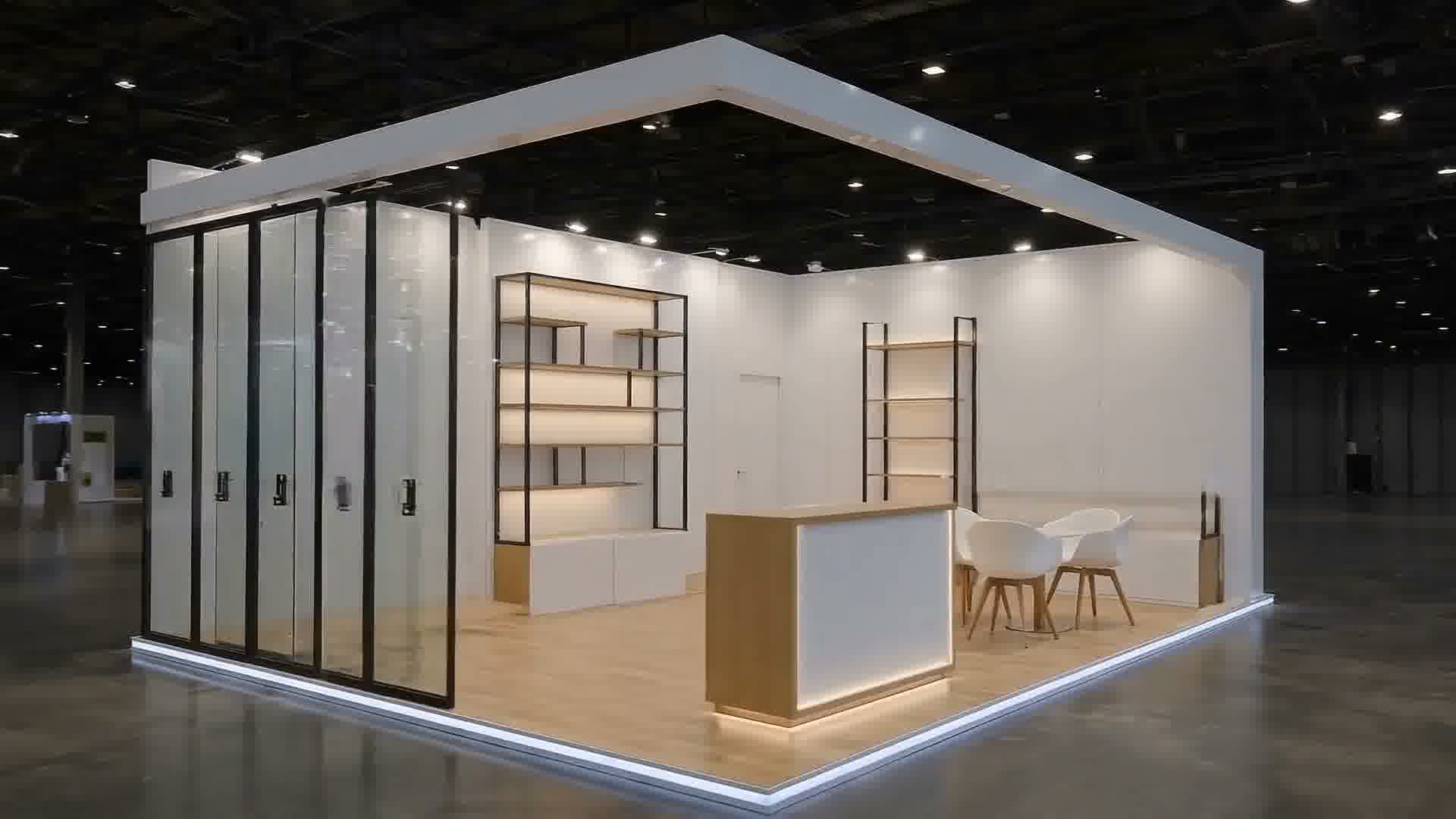 Stand corporativo com fachada branca e iluminação premium