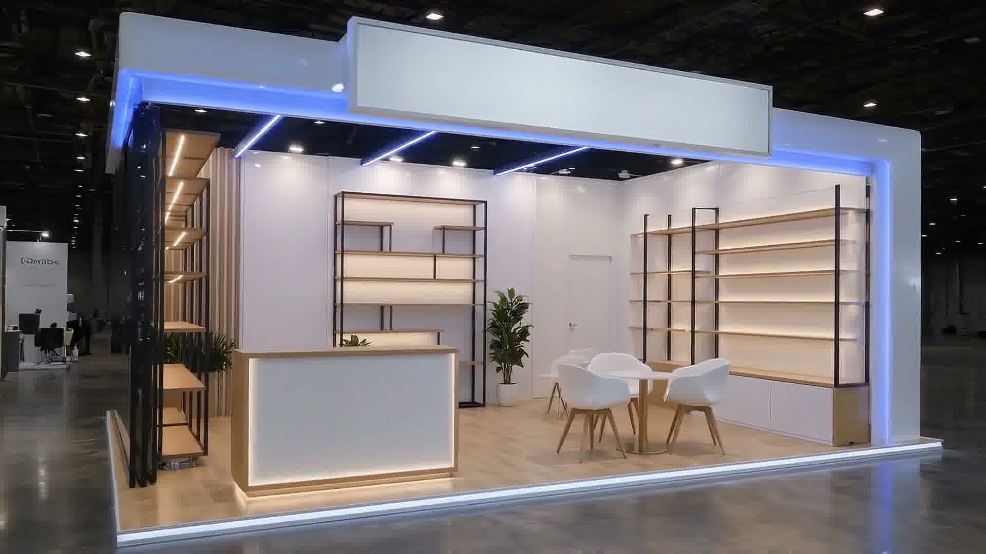 Stand iluminado com balcão, prateleiras e área de atendimento
