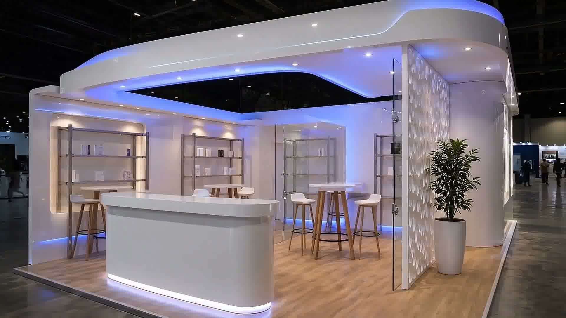 Stand moderno com curvas, iluminação azul e balcão central